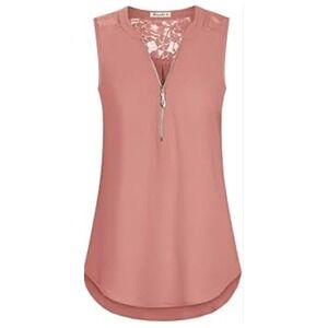 Moyabo XL Pink‎ Sleeveless Blouse Top With Lace Detail Zipper Front